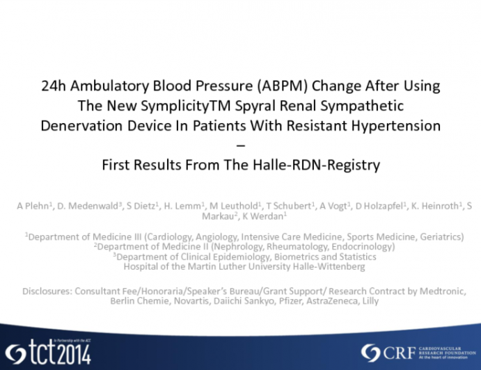24h Ambulatory Blood Pressure (ABPM) Change After Using The New Symplicity Spyral Renal Sympathetic Denervation Device In Patients With Resistant Hypertension ? First Results Fr___