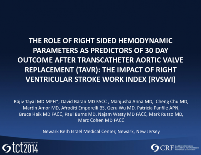 The Role of Right Sided Hemodynamic Parameters as Predictors of 30 Day Outcome After Transcatheter Aortic Valve Replacement: The Impact of Right Ventricular Stroke Work Index