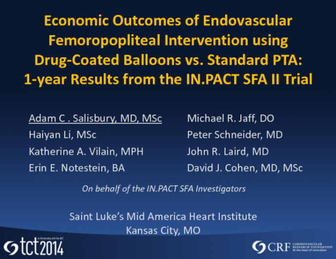 TCT 532: Economic Outcomes of Endovascular Femoropopliteal Intervention Using Drug-Coated Balloons vs Standard PTA: 1-Year Results from the IN.PACT SFA II Trial