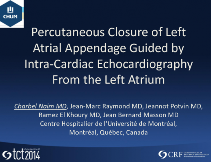 TCT 173: Percutaneous Closure of Left Atrial Appendage Guided by Intracardiac Echocardiography from the Left Atrium