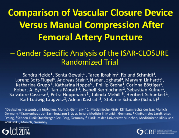 TCT 840: Gender Specific Analysis of the Randomized ISAR-CLOSURE Trial: The Comparison of Vascular Closure Devices Versus Manual Compression After Femoral Artery Puncture