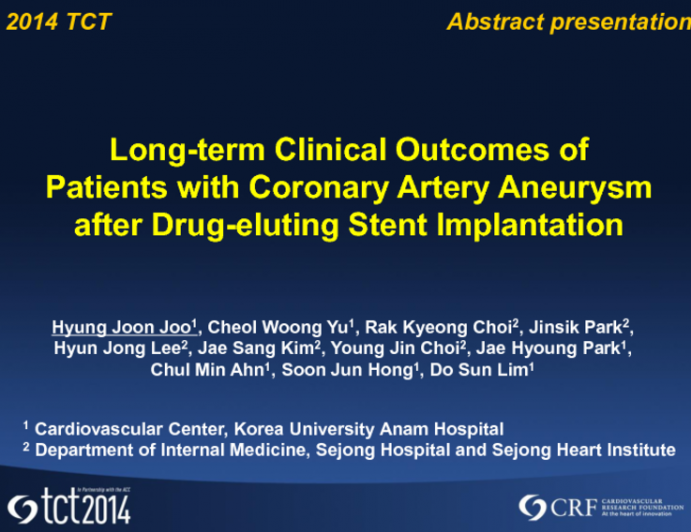 TCT 94: Long-term Clinical Outcomes of Patients with Coronary Artery Aneurysm After Drug-Eluting Stent Implantation
