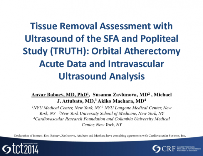 Tissue Removal Assessment with Ultrasound of the SFA and Popliteal Study (TRUTH): Orbital Atherectomy Acute Data and Intravascular Ultrasound Analysis