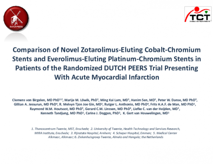 Comparison of Novel Zotarolimus-Eluting Cobalt-Chromium Stents and Everolimus-Eluting Platinum-Chromium Stents in Patients of the Randomized DUTCH PEERS Trial Presenting with___