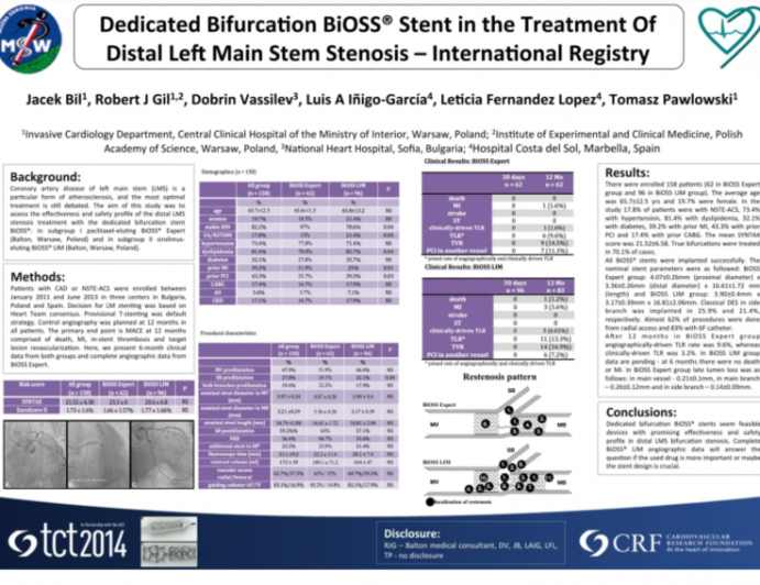 Dedicated Bifurcation BiOSS® Stent In The Treatment Of Distal Left Main Stem Stenosis ? International Registry_