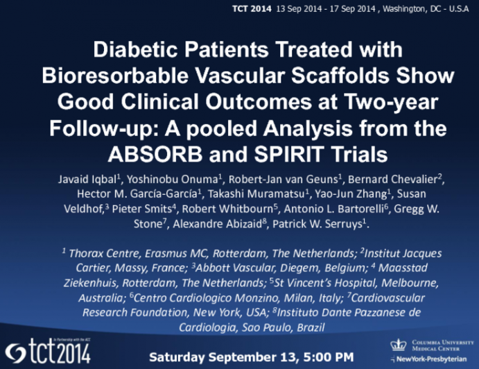 Diabetic patients treated with Bioresorbable Vascular Scaffolds show good clinical outcomes at two-year follow-up: A pooled analysis from the ABSORB and SPIRIT trials