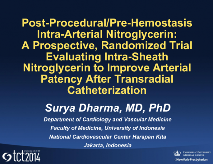 Postprocedural/Prehemostasis Intraarterial Nitroglycerin: A Prospective, Randomized Trial Evaluating Intrasheath Nitroglycerin to Improve Arterial Patency After Transradial Catheterization