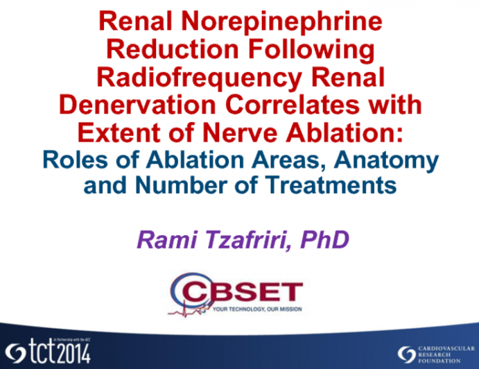 TCT 402: Renal Norepinephrine Reduction Following Radiofrequency Renal Denervation Correlates with Extent of Nerve Ablation: Roles of Ablation Areas, Anatomy, and Number of Treatments