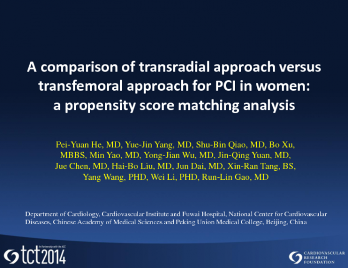 TCT 818: A Comparison of Transradial Approach vs Transfemoral Approach for Percutaneous Coronary Intervention in Women: A Propensity-Score-Matching Analysis