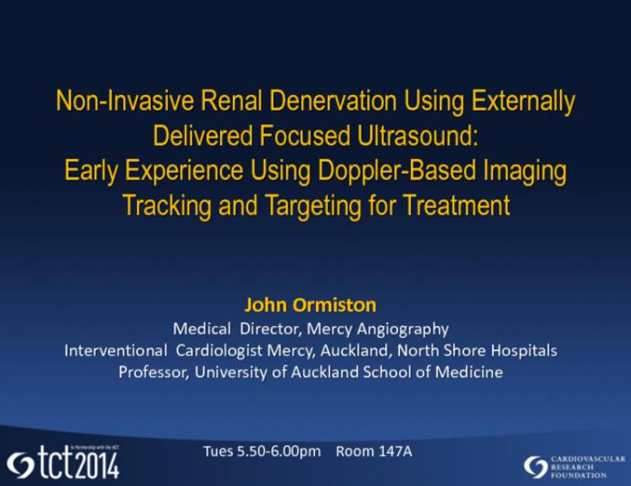 Noninvasive Renal Denervation Using Externally Delivered Focused Ultrasound: Early Experience Using Doppler-Based Imaging Tracking and Targeting for Treatment