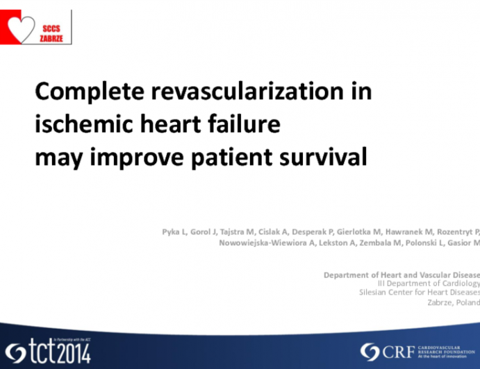 TCT 75: Complete Revascularization in Ischemic Heart Failure May Improve Patient Survival