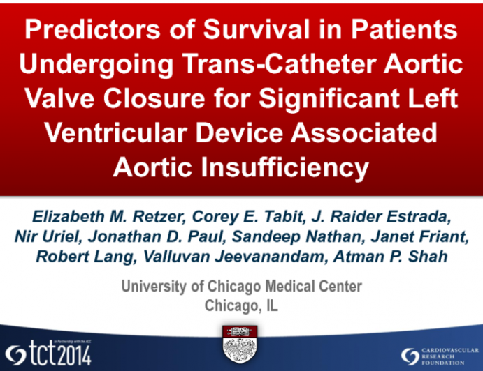 TCT 78: Predictors of Survival in Patients Undergoing Transcatheter Aortic Valve Closure for Significant Left Ventricular Assist Device-Associated Aortic Insufficiency