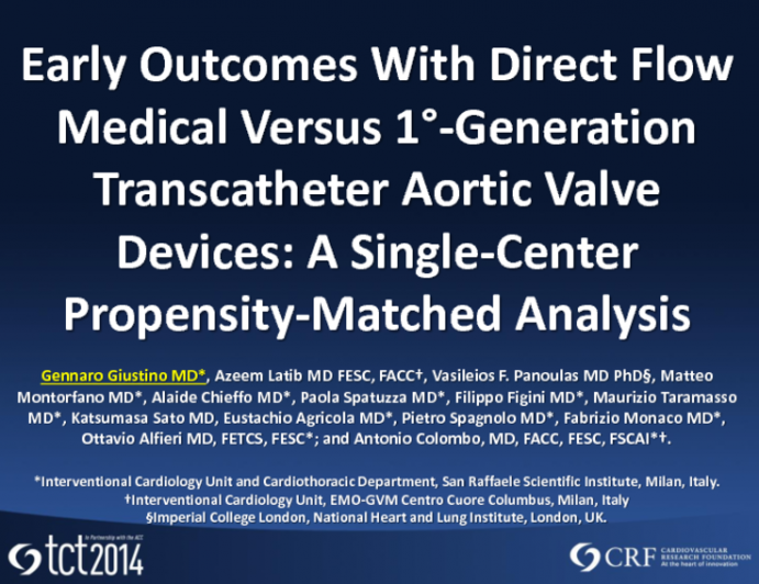 TCT 694: Early Outcomes with Direct Flow Medical Versus First-Generation Transcatheter Aortic Valve Devices: A Single-Center, Propensity-Matched Analysis