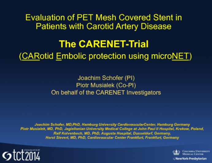 Evaluation of a PET Mesh Covered Stent in Patients with Carotid Artery Disease: Results of the First in Man CARENET Trial