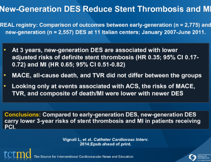 New-Generation DES Reduce Stent Thrombosis and MI