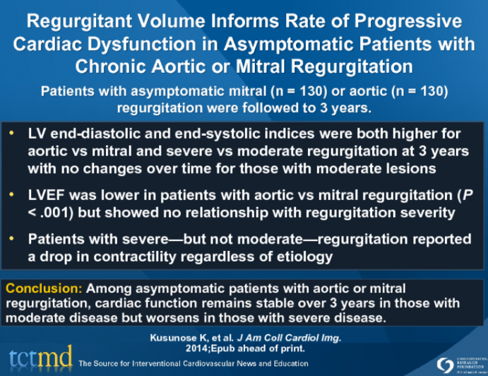 Regurgitant Volume Informs Rate of Progressive Cardiac Dysfunction in Asymptomatic Patients with Chronic Aortic or Mitral Regurgitation