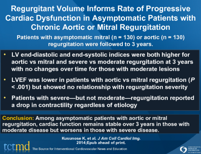 Reguritant Volume Informs Rate of Progressive Cardiac Dysfuntion in Asymptomatic Patients with Chronic Aortic or Mitral Regurgitation