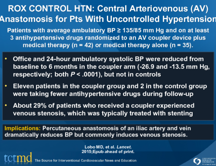 ROX CONTROL HTN: Central Arteriovenous (AV) Anastomosis for Pts With Uncontrolled Hypertension