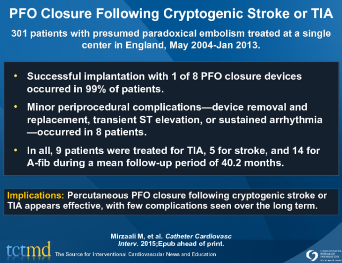 PFO Closure Following Cryptogenic Stroke or TIA