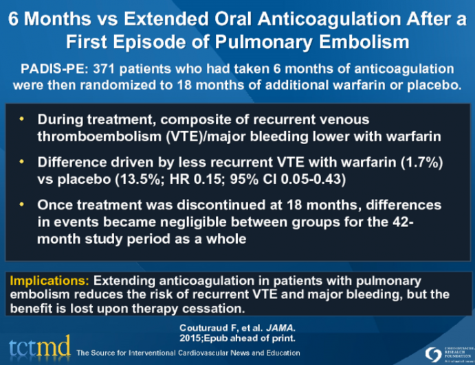 6 Months vs Extended Oral Anticoagulation After a First Episode of Pulmonary Embolism