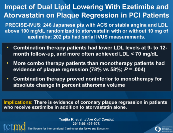 Impact of Dual Lipid Lowering With Ezetimibe and Atorvastatin on Plaque Regression in PCI Patients