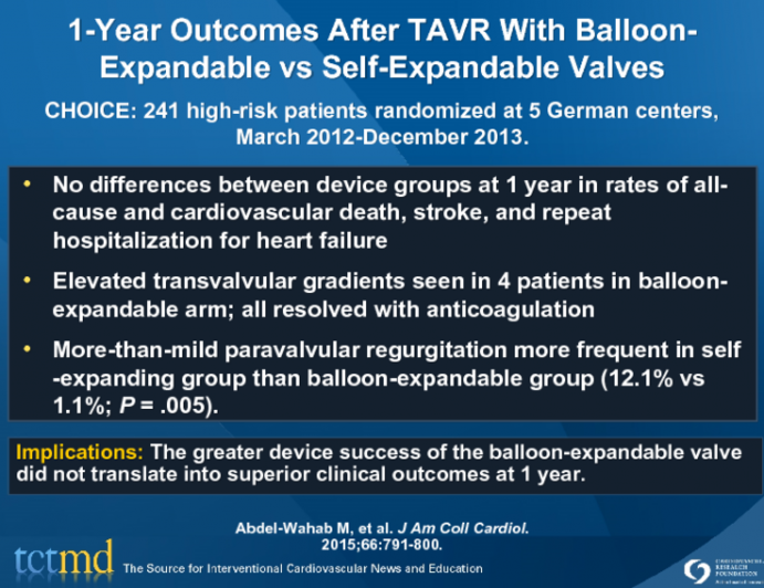 1-Year Outcomes After TAVR With Balloon-Expandable vs Self-Expandable Valves