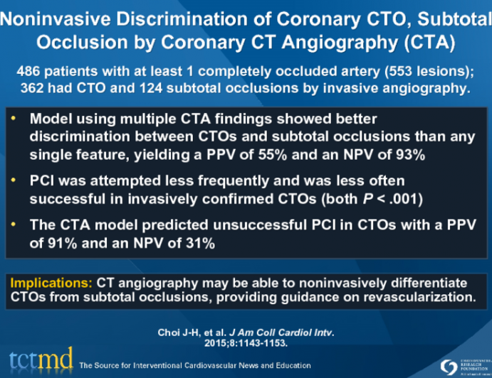Noninvasive Discrimination of Coronary CTO, Subtotal Occlusion by Coronary CT Angiography (CTA)