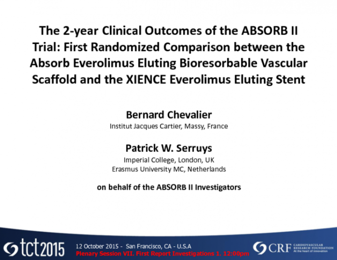 ABSORB II: A Prospective Randomized Trial of an Everolimus-Eluting Bioresorbable Scaffold Vs. an Everolimus-Eluting Metallic Stent in Patients With Coronary Artery Disease - Two-Year Outcomes