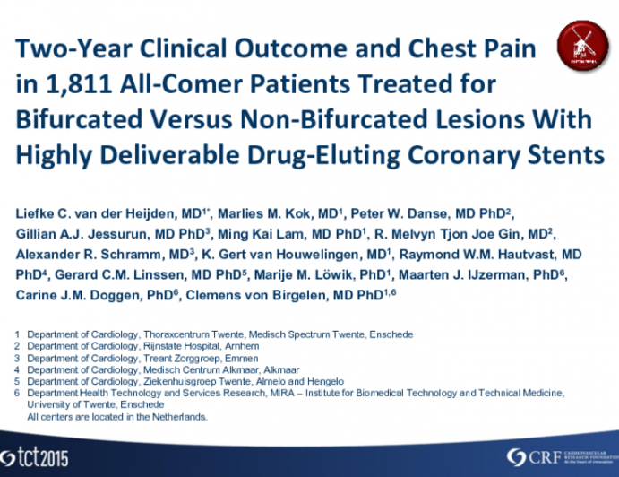 TCT 19: Two-Year Clinical Outcomes and Chest Pain in 1,811 All-Comer Patients, Treated for Bifurcated Versus Nonbifurcated Lesions With Highly Deliverable Drug-Eluting Coronary Stents