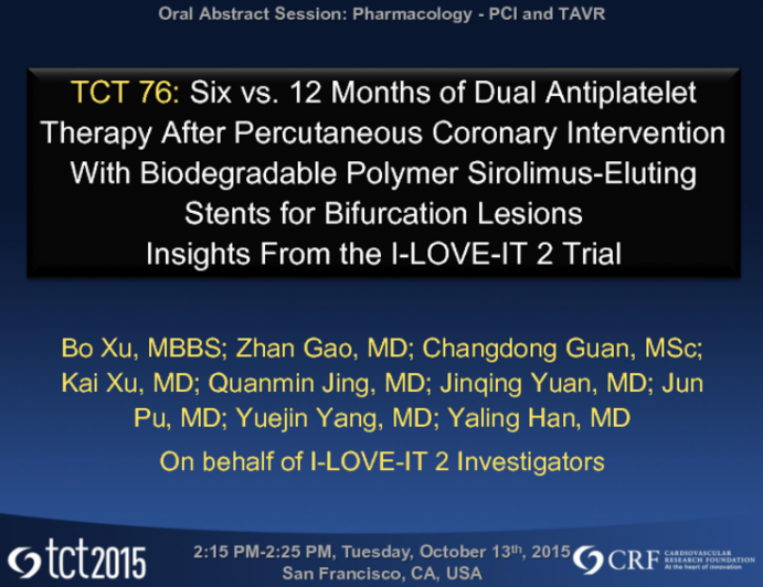 TCT 76: Six Versus 12 Months of Dual Antiplatelet Therapy After Percutaneous Coronary Intervention With Biodegradable-Polymer Sirolimus-Eluting Stents for Bifurcation Lesions  Insights From the I-LOVE-IT 2 Trial