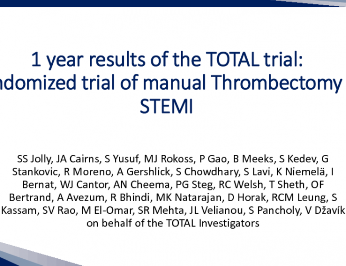 TOTAL: A Prospective Randomized Trial of Thrombus Aspiration in Patients With ST-Segment Elevation Myocardial Infarction - One-Year Outcomes