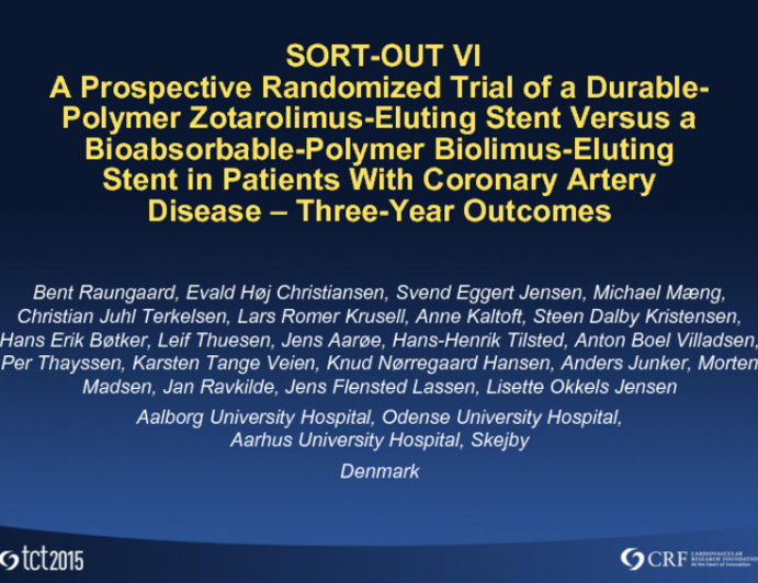 SORT-OUT VI: A Prospective Randomized Trial of a Durable-Polymer Zotarolimus-Eluting Stent Versus a Bioabsorbable-Polymer Biolimus-Eluting Stent in Patients With Coronary Artery Disease  Three-Year Outcomes