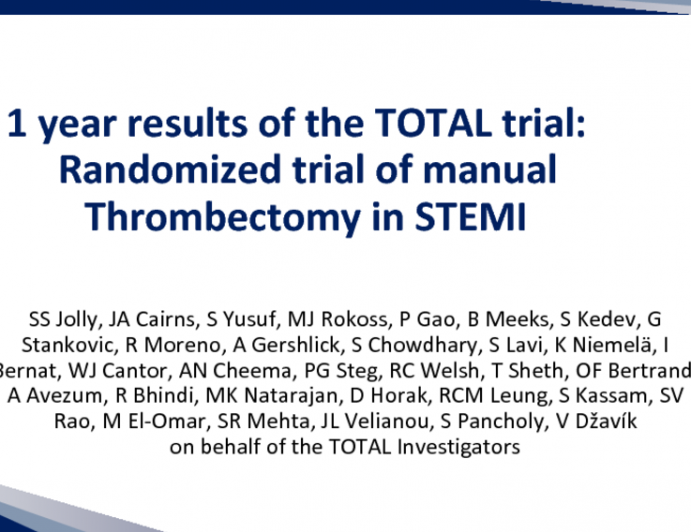 TOTAL: A Prospective Randomized Trial of Thrombus Aspiration in Patients With ST-Segment Elevation Myocardial Infarction - One-Year Outcomes