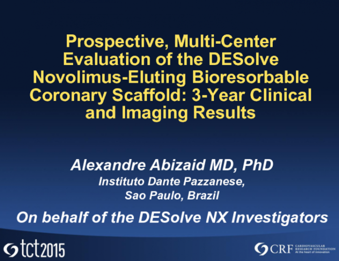 TCT 17: Prospective, Multicenter Evaluation of the DESolve Novolimus-Eluting Bioresorbable Coronary Scaffold  Imaging Outcomes and 3-Year Clinical and Imaging Results