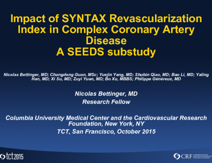 TCT 18: Impact of Incomplete Revascularization After Percutaneous Coronary Intervention as Assessed by the SYNTAX Revascularization Index in Complex Coronary Artery Disease  A SEEDS Substudy