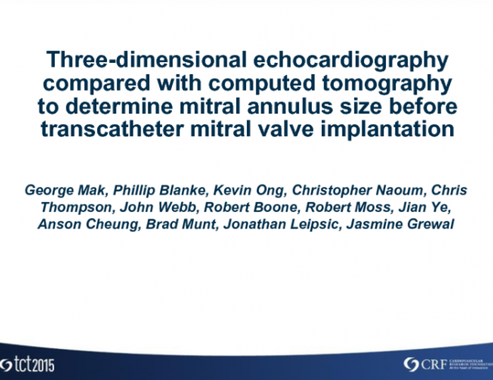 TCT 54: A Comparison of Three-dimensional Echocardiography and Computed Tomography in Sizing the D-Shaped Mitral Annulus Before Transcatheter Mitral Valve Implantation