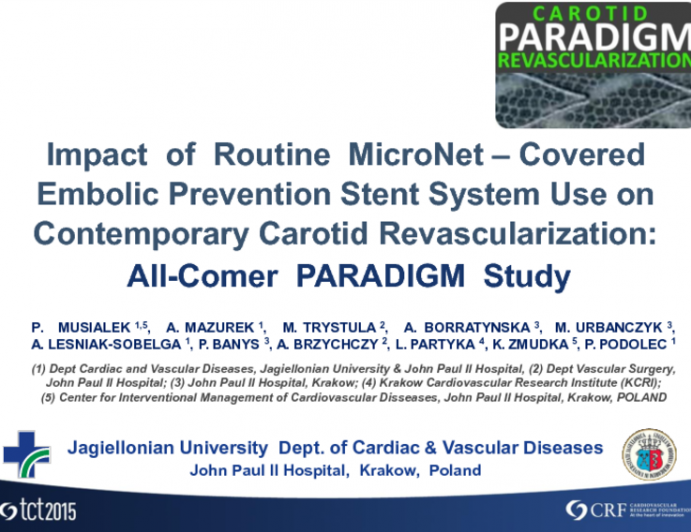 TCT 73: Impact of Routine MicroNet-Covered Embolic Prevention Stent System Use on Contemporary Carotid Revascularization  All-Comer PARADIGM Study