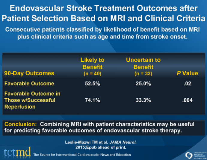 Endovascular Stroke Treatment Outcomes afterPatient Selection Based on MRI and Clinical Criteria
