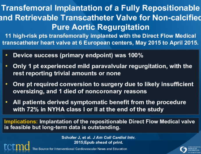 Transfemoral Implantation of a Fully Repositionable and Retrievable Transcatheter Valve for Non-calcified Pure Aortic Regurgitation