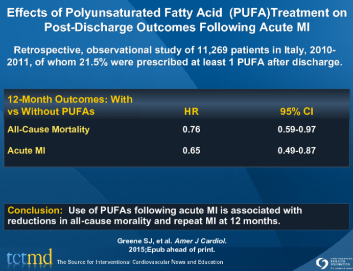 Effects of Polyunsaturated Fatty Acid  (PUFA)Treatment on Post-Discharge Outcomes Following Acute MI