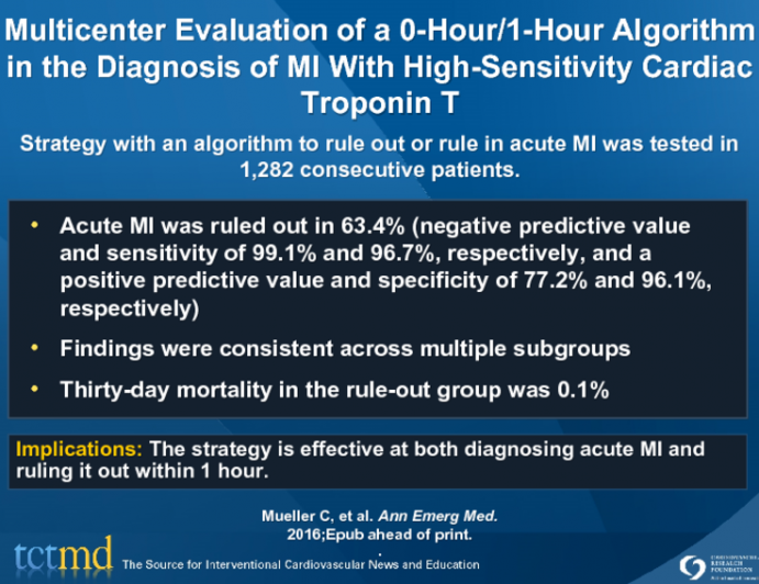 Multicenter Evaluation of a 0-Hour -- 1-Hour Algorithm in the Diagnosis of MI With High-Sensitivity Cardiac Troponin T