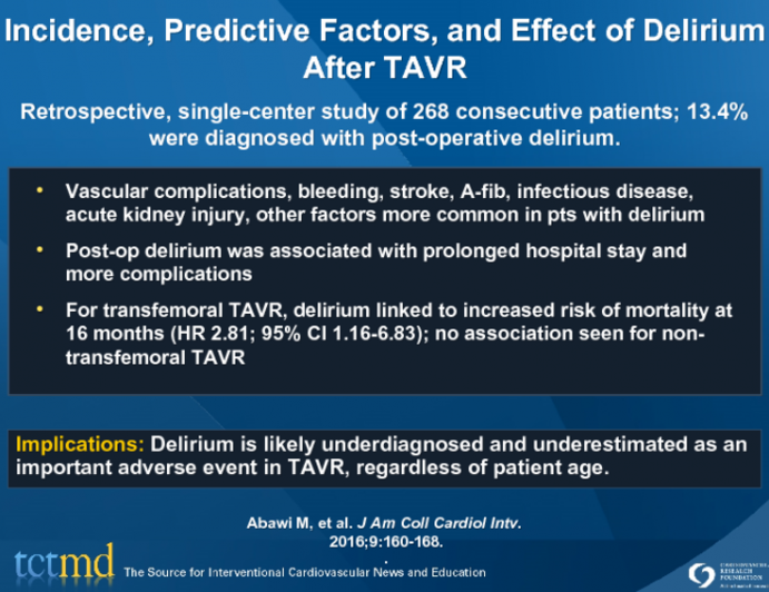 Incidence, Predictive Factors, and Effect of Delirium After TAVR