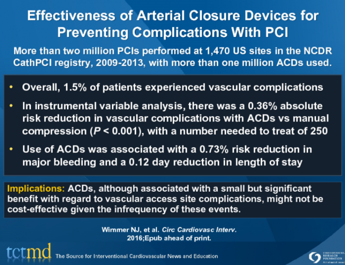 Effectiveness of Arterial Closure Devices for Preventing Complications With PCI