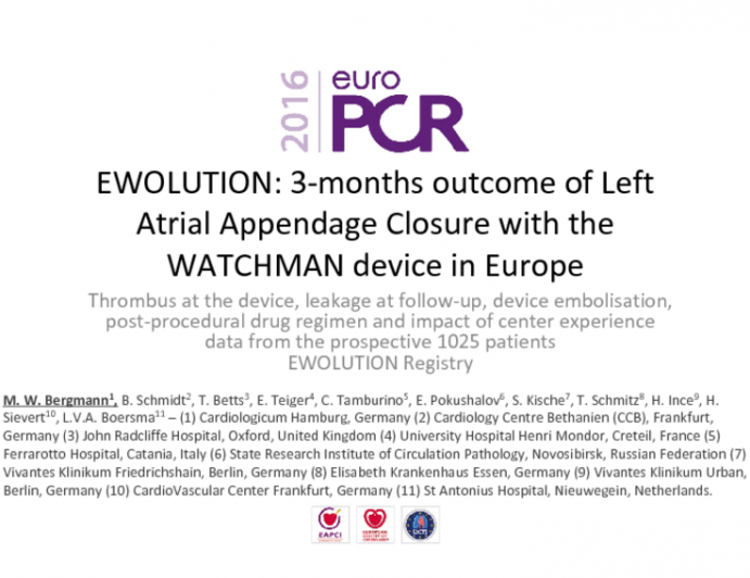 EWOLUTION: 3-months outcome of Left Atrial Appendage Closure with the WATCHMAN device in Europe