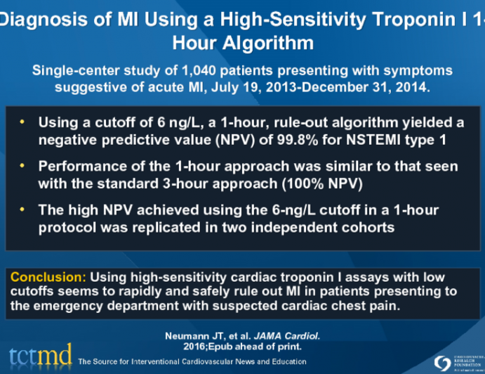 Diagnosis of MI Using a High-Sensitivity Troponin I 1-Hour Algorithm