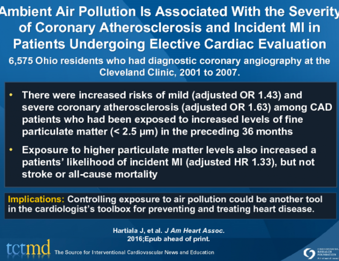 Ambient Air Pollution Is Associated With the Severity of Coronary Atherosclerosis and Incident MI in Patients Undergoing Elective Cardiac Evaluation