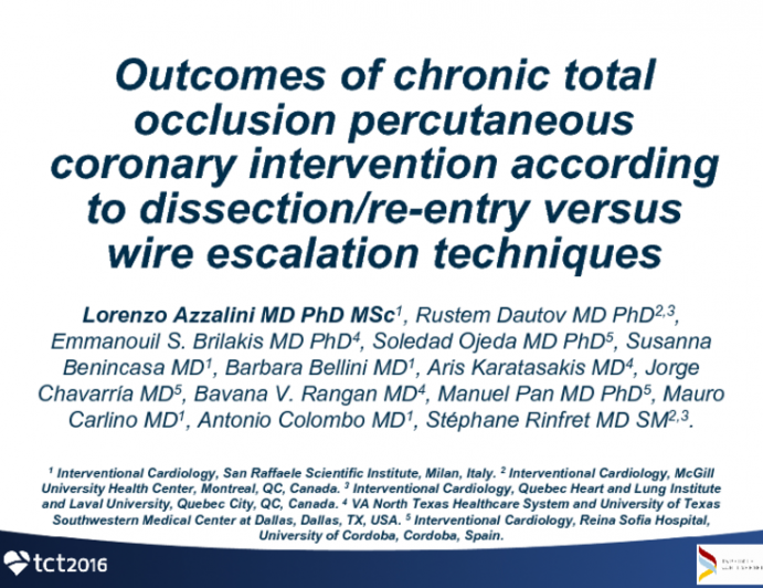TCT 13: Outcomes of Chronic Total Occlusion Percutaneous Coronary Intervention According to Dissection/Reentry vs Wire Escalation Techniques