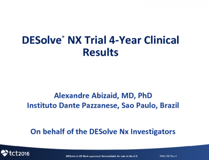 TCT 32: Prospective, Multi-Center Evaluation of the DESolve Novolimus-Eluting Bioresorbable Coronary Scaffold: Imaging Outcomes and Four-Year Clinical and Imaging Results