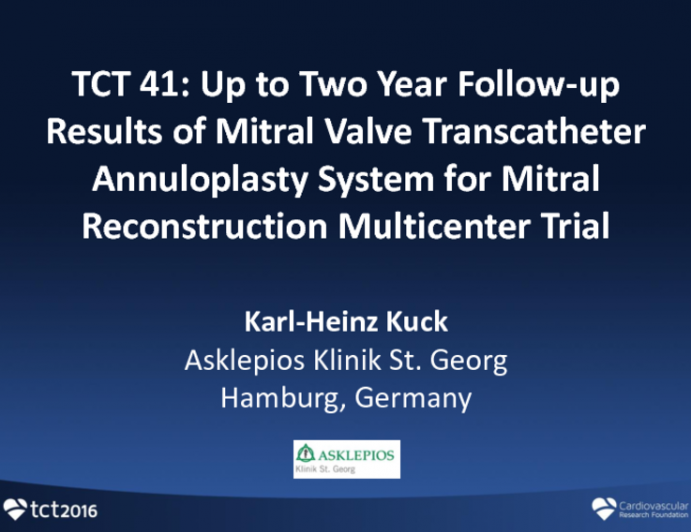 TCT 41: Up to Two Years Follow-up Results of Mitral Valve Transcatheter Annuloplasty System for Mitral Reconstruction Multicenter Trial