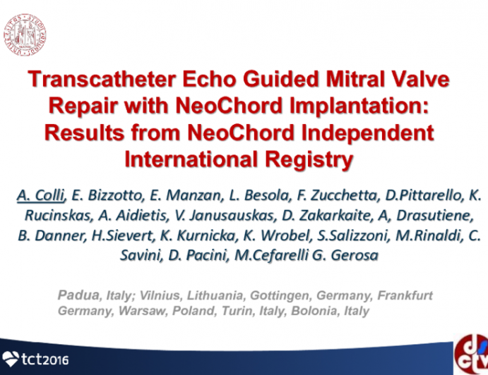 TCT 42: Transcatheter Echo Guided Mitral Valve Repair With Neochord Implantation for Posterior Leaflet Disease: Results From Neochord Independent International Registry